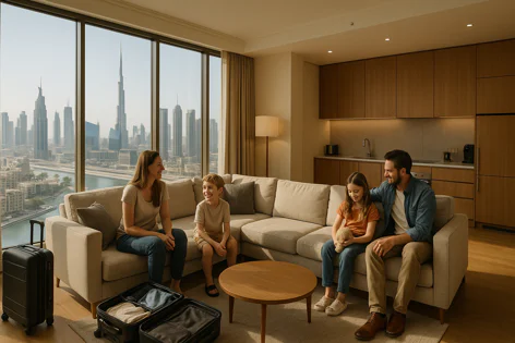 Family of four sitting on a sofa in a modern room, enjoying the view of the Dubai skyline and Burj Khalifa from a large window, with suitcases nearby.