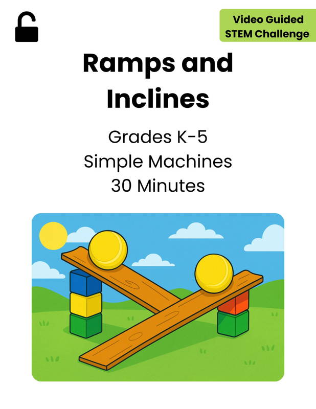 Image of a simple machines STEM activity showing two balls rolling on inclined ramps supported by blocks, demonstrating how ramps and inclines affect motion and force. Ideal for K–5 classrooms using 3DuxDesign STEM kits for hands-on, project-based learning in physics and early engineering.