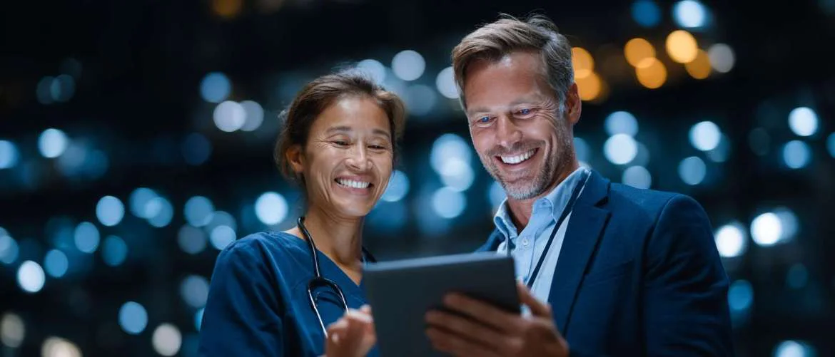 Healthcare team analyzing futuristic dashboards to optimize hospital staffing efficiency.
