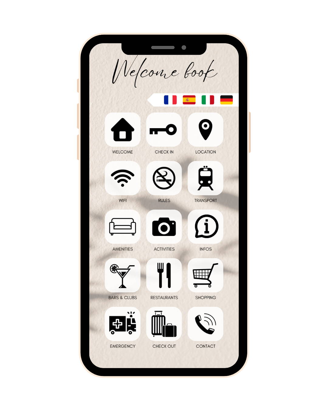 Editable Airbnb Welcome Book on smartphone screen, guest information guide template