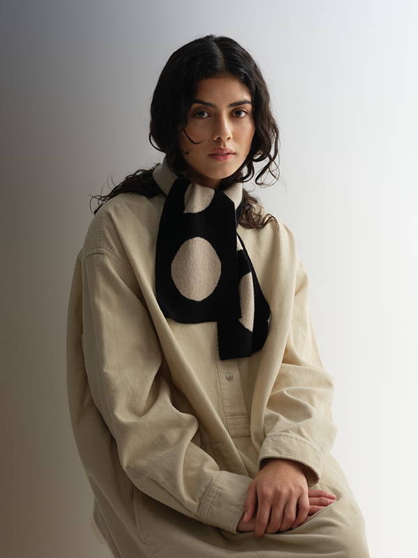model wears Small Spot Scarf