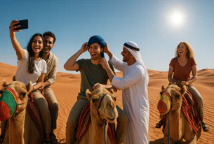 Smiling tourists riding camels across golden sand dunes in a sunny desert, one couple taking a selfie, a guide helping a man adjust his turban.