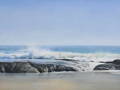 Painting of ocean beach with jetty