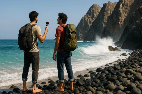 Two men with backpacks stand on a rocky beach by the ocean. One holds a camera, filming the scene of waves crashing against cliffs.