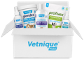 Shipping box displaying Vetnique logo opening up to reveal an array of pet products.