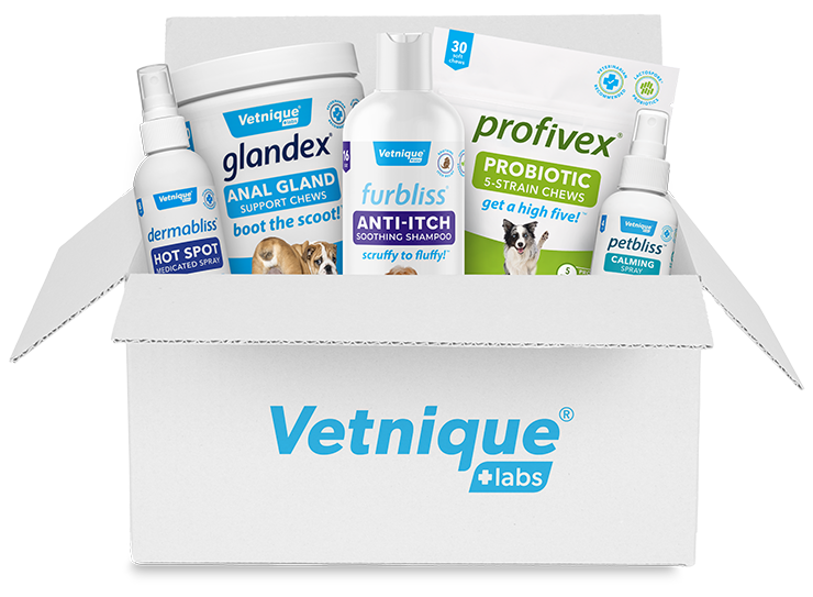 Shipping box displaying Vetnique logo opening up to reveal an array of pet products.