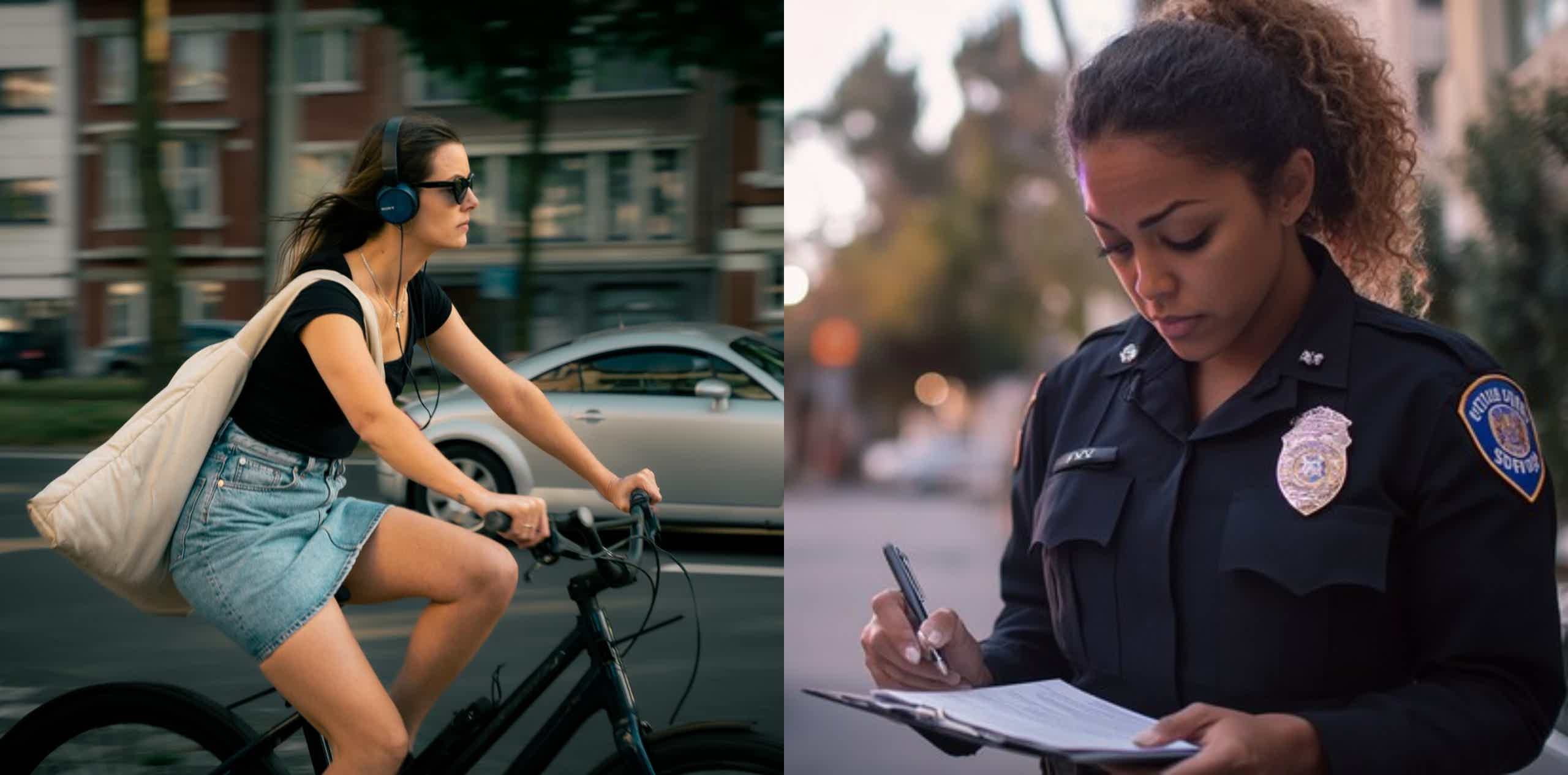 Montaje de una persona rodando con una e-bike con auriculares y una agente tomando nota de lo que podría ser una infracción.