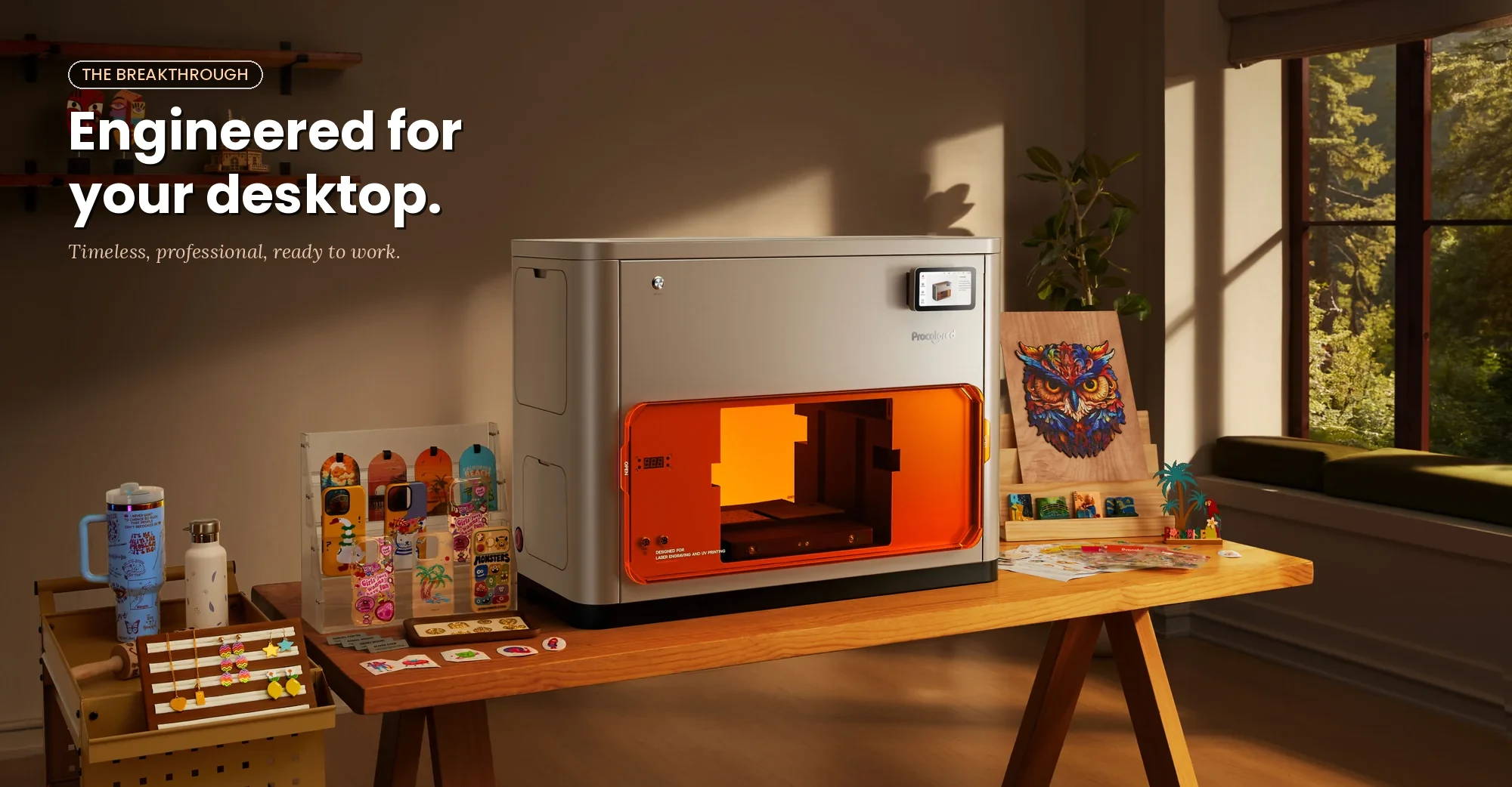Procolored X One UV printer and laser engraver in a home studio, surrounded by printed phone cases, wood engravings, and sticker artwork