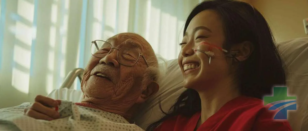 A travel nurse sharing a laugh with an elderly patient in a sunlit room.