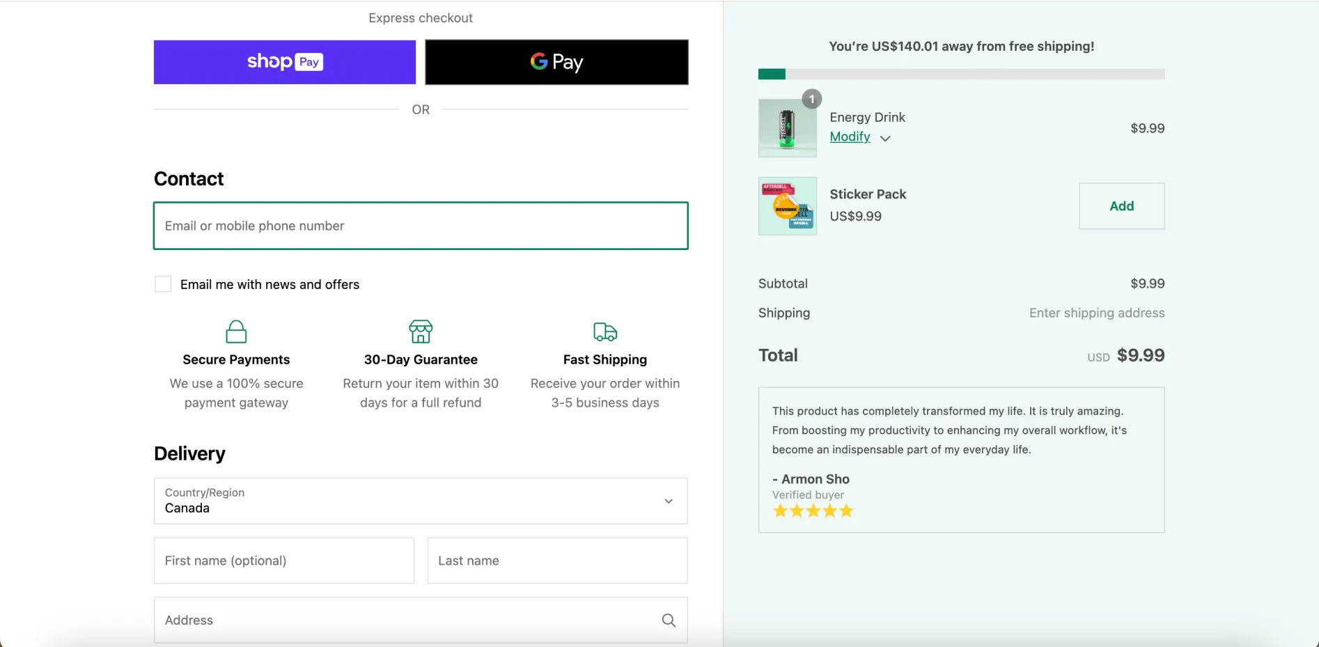 Shopify upsell in checkout page