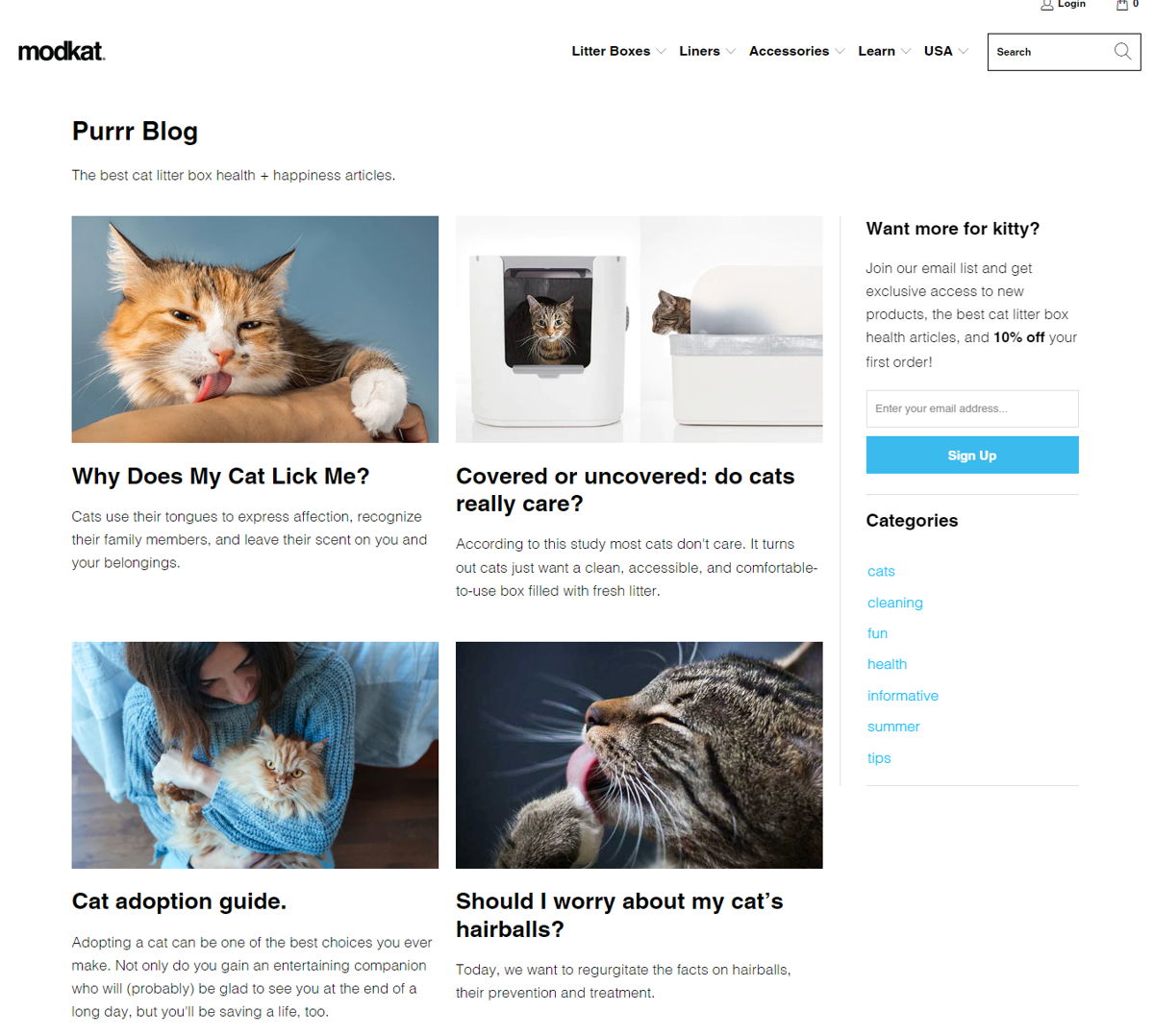 Screenshot of Purrr Blog by Modkat, from the shopify blog examples collection.