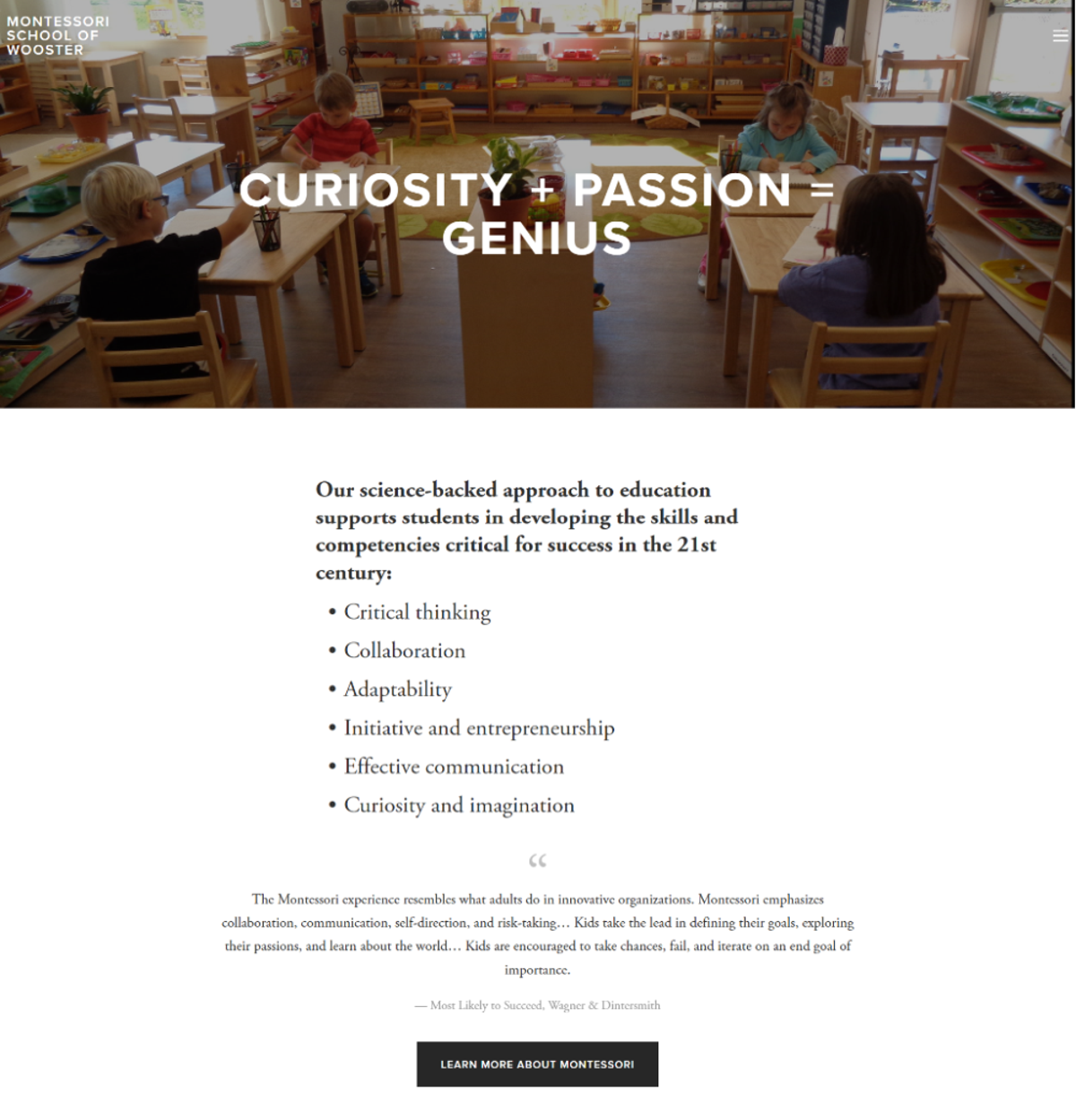Screenshot of Montessori School of Wooster, from the kindergarten websites collection.