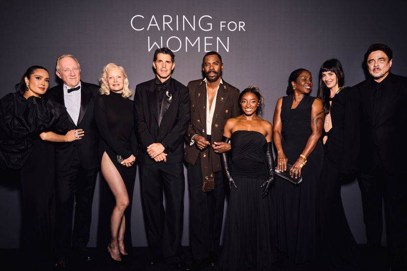 Image may contain: Colman Domingo, Simone Biles, Rick Perry, Pamela Anderson, Adult, Person, Fashion, Clothing, and Coat