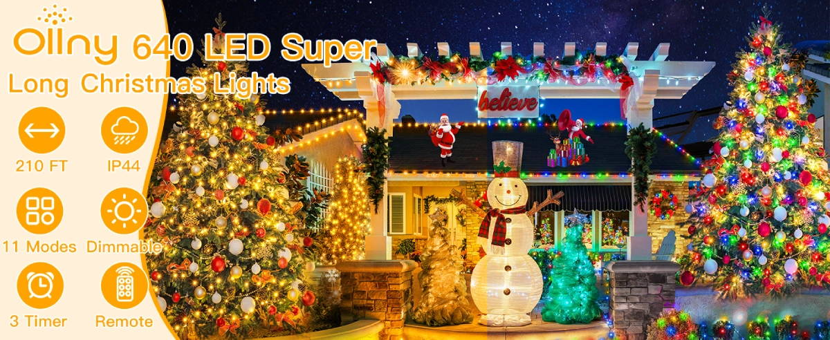Features of Ollny's 640 leds green cable warm white/multi-color string lights