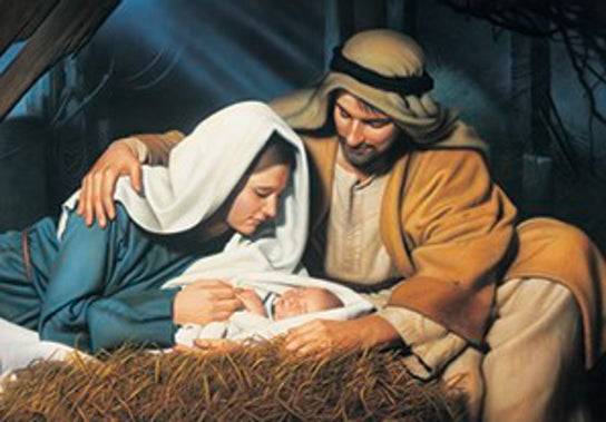 Painting of Mary and Joseph huddled over baby Jesus sleeping in the hay.