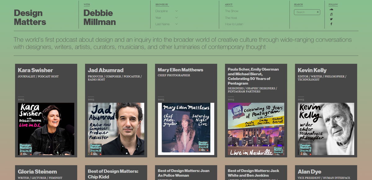 Screenshot of Design Matters with Debbie Millman, from the podcast websites collection.
