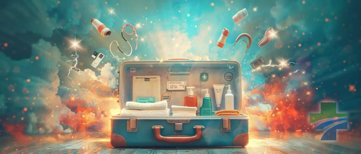 Creative illustration of essential items floating around a suitcase for a travel nurse.