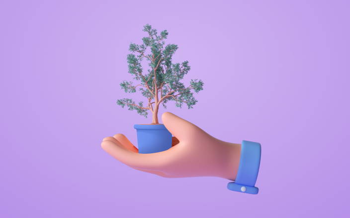 A hand holding a small growing tree in a planter for Confetti's Donate to Plant Trees