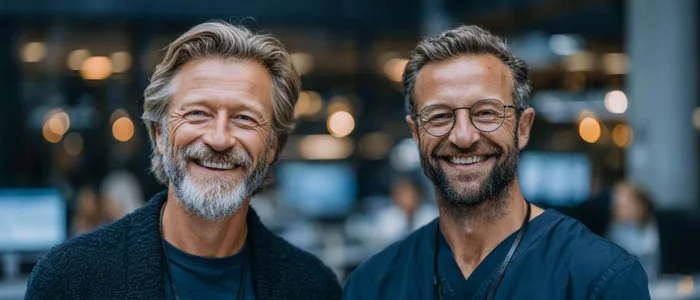 Two men in medical scrubs shaking hands in healthcare facility.