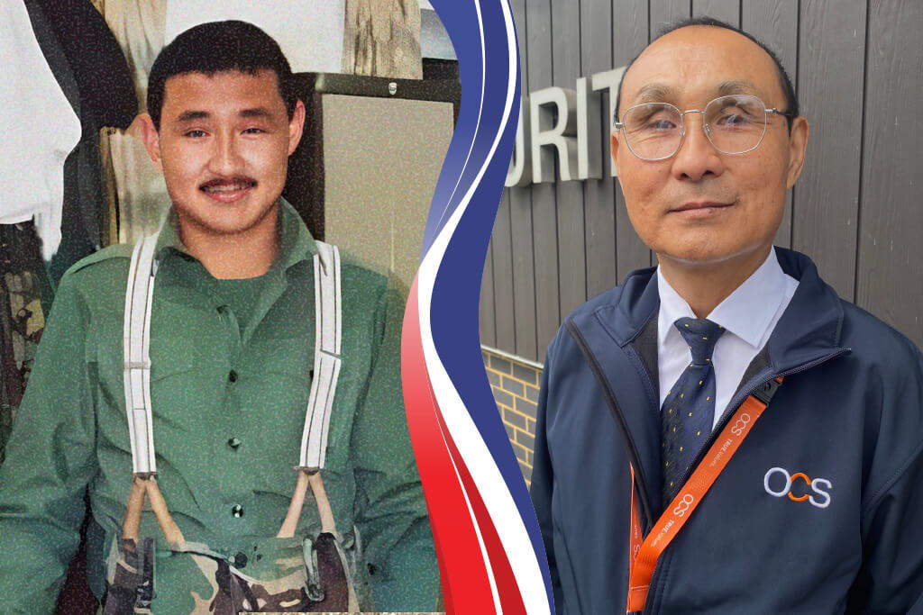 Two pictures of Bir Bahadur-Rai: on the left a picture of him in his Military uniform, on the right as a Security Supervisor for OCS