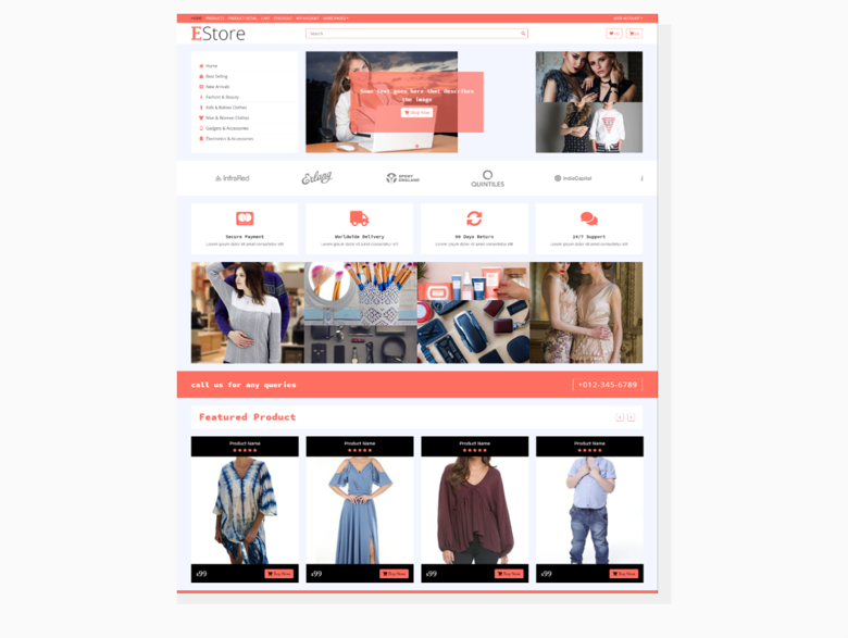 E Store – eCommerce HTML Template” template by HTML Codex