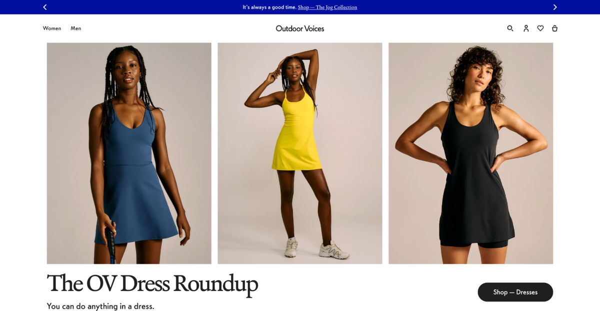 Screenshot of Outdoor Voices , from the shopify clothing stores collection.