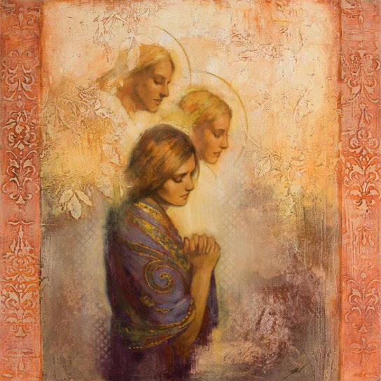 A painting of a young woman praying. She is surrounded by angels.