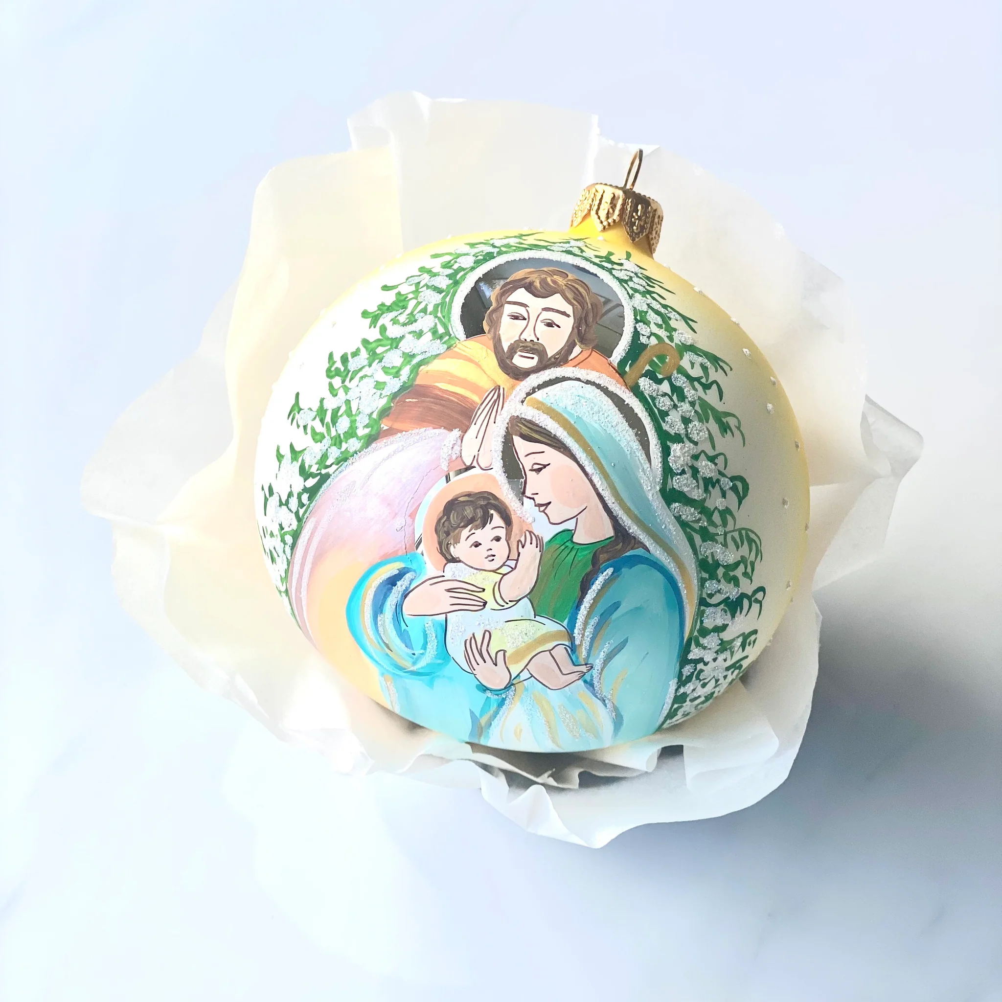 100mm Baby Jesus, Mary and Joseph hand painted personalised Christmas bauble