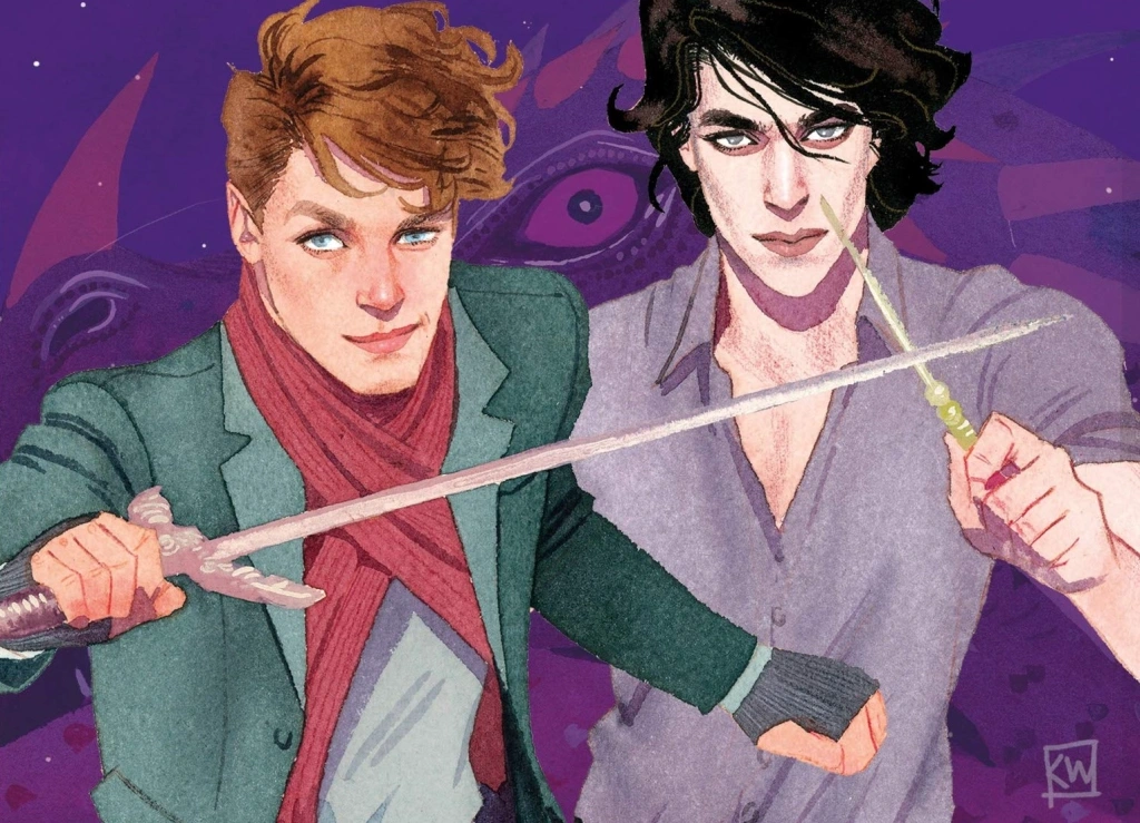 Simon and Baz standing side by side wielding a sword and wand ready for battle.