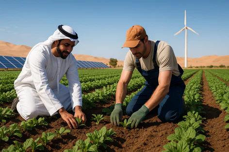 Men plant seedlings in a field with solar panels, sand dunes, and a wind turbine, showing sustainable farming in a desert climate.