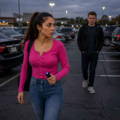 female-holding-stun-gun-being-stalked female-holding-stun-gun-being-stalked