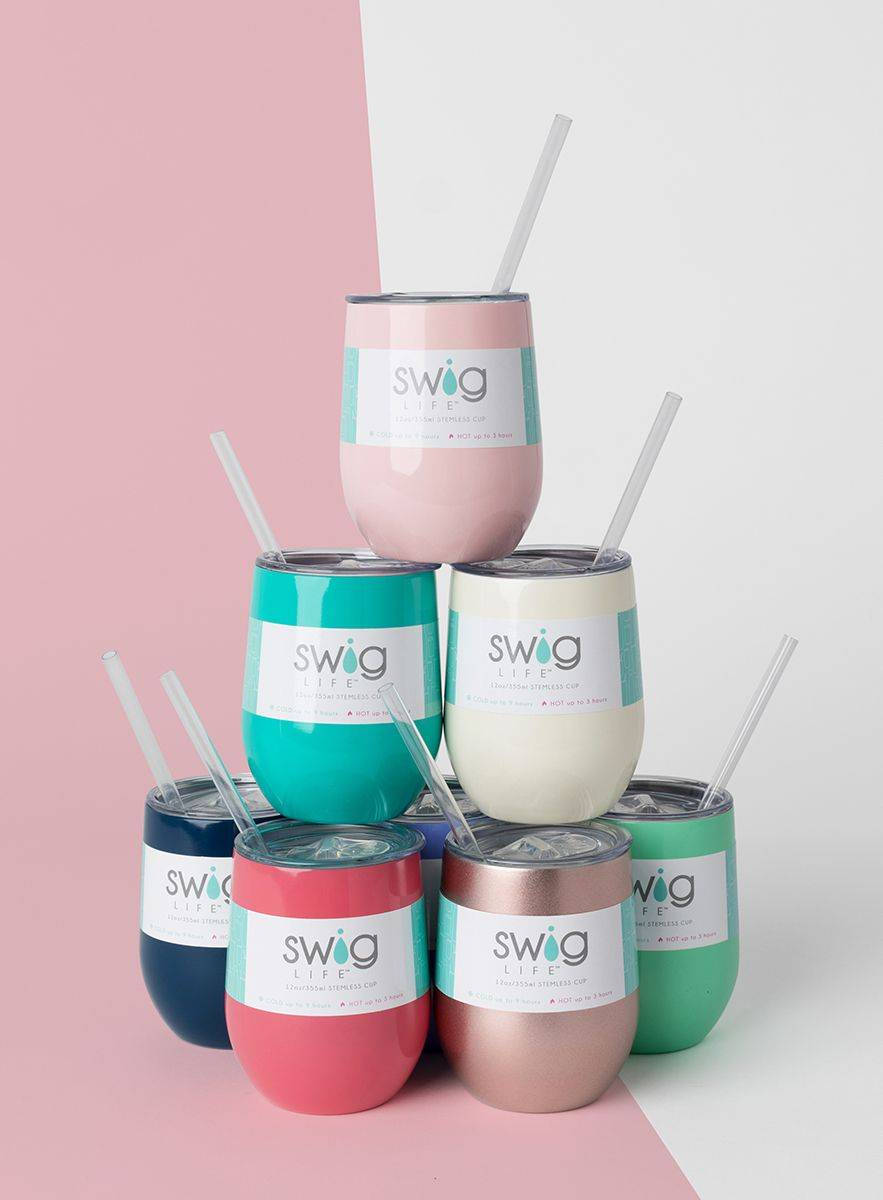 Swig wine cups with straws stacked in a tower