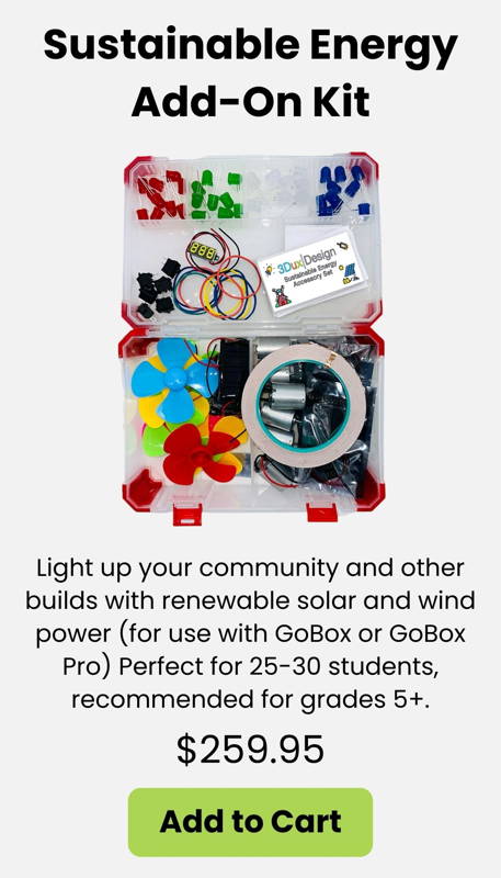 mage of a renewable energy STEM add-on kit with solar panels wind turbines LEDs and circuitry components for hands-on classroom projects teaching sustainability engineering and clean energy for grades 5 and up.