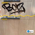 before and after removing graffiti from brick roof