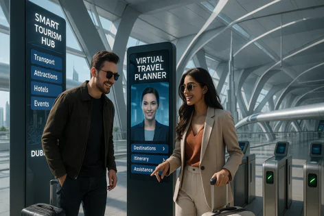 Travelers use interactive smart tourism and virtual travel planner kiosks in a futuristic transit or airport terminal.
