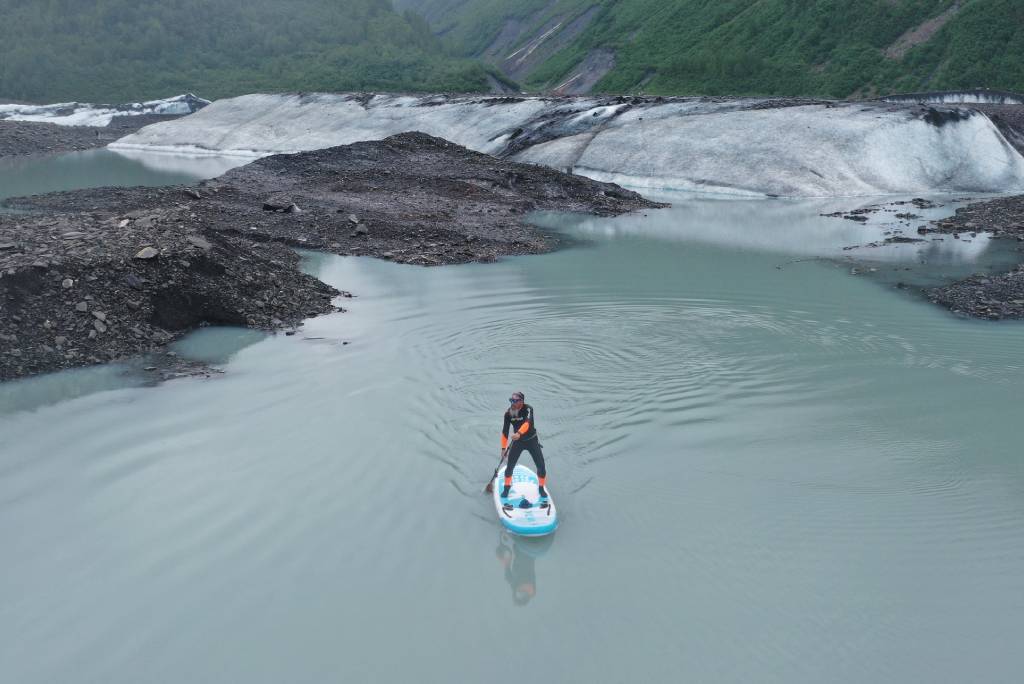 Inflatable paddleboarding in Lake Louise Alberta
