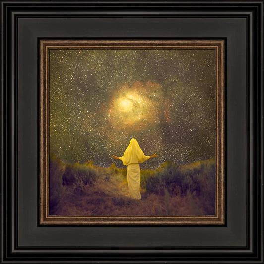 Jesus in a yellow robe staring up at a starry night sky and galaxies.