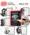Reference Kit for pre-drawn tattoo stencils featuring Spartan designs. Includes a pre-drawn stencil of a Spartan helmet on the left and a detailed reference design on the right. Category: Spartans with 45 designs available. Options to preview designs and download in various formats including Google Drive, PDF, PNG, and Procreate.