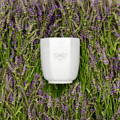 Large stone candle lying on a bed of lavender
