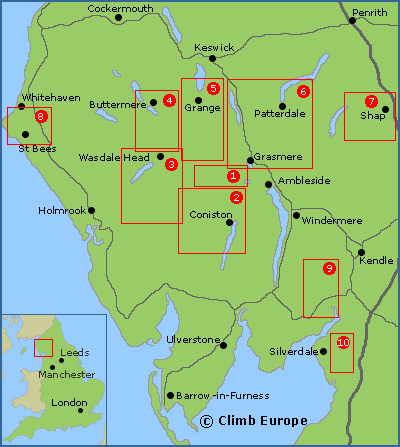 Map of the rock climbing areas in the Lake District