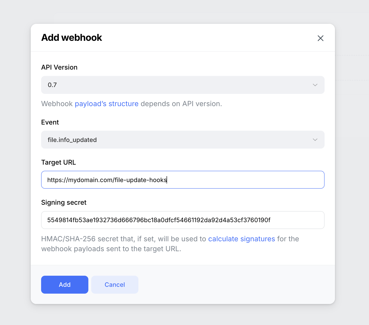 Uploadcare Webhook set up modal