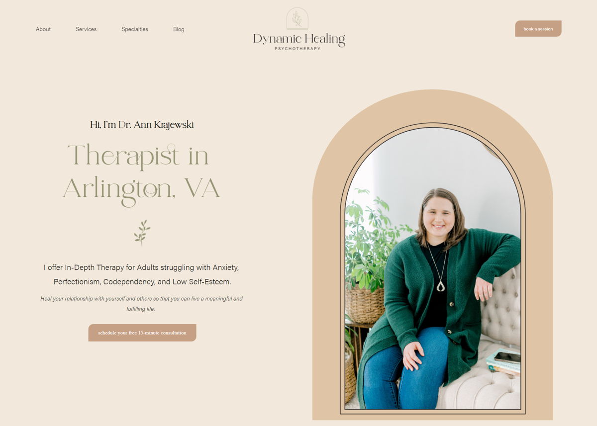 Screenshot of Dynamic Healing Psychotherapy, from the squarespace therapist websites collection.