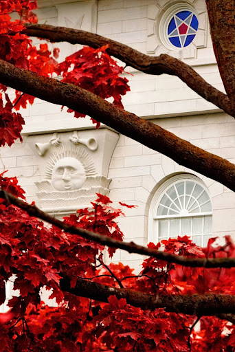 Nauvoo Temple windows behind full branches of red leaves.