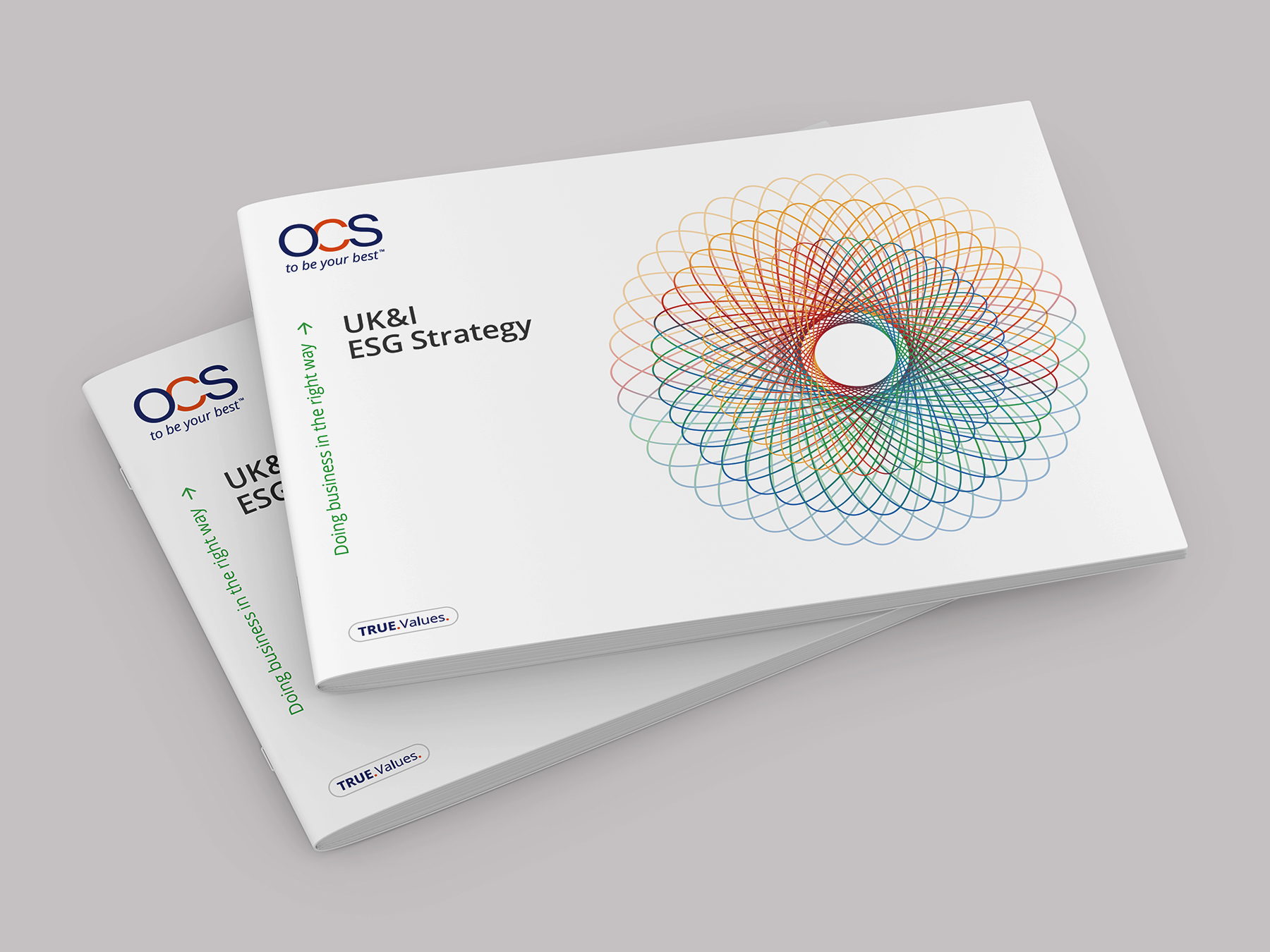 Two white booklets titled UK&I ESG Strategy with the OCS logo and a colorful, geometric circular design on the cover, placed on a light gray surface. The booklet edge reads, Driving business the right way.