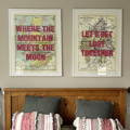 set of personalised art prints above a bed