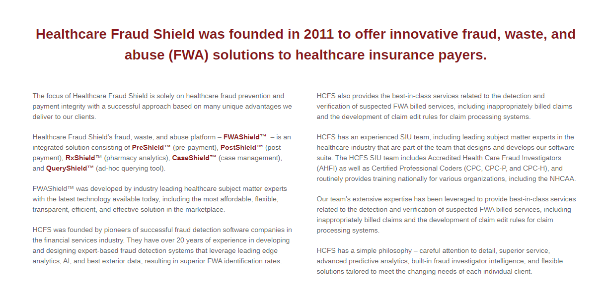 Healthcare Fraud Shield product / service