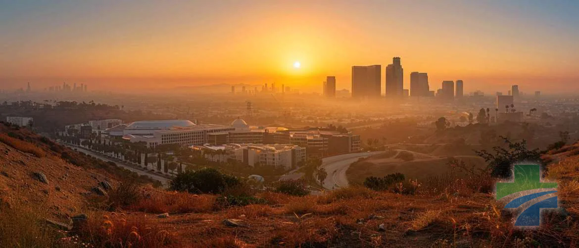 Golden hour light over Los Angeles skyline showcasing hospitals