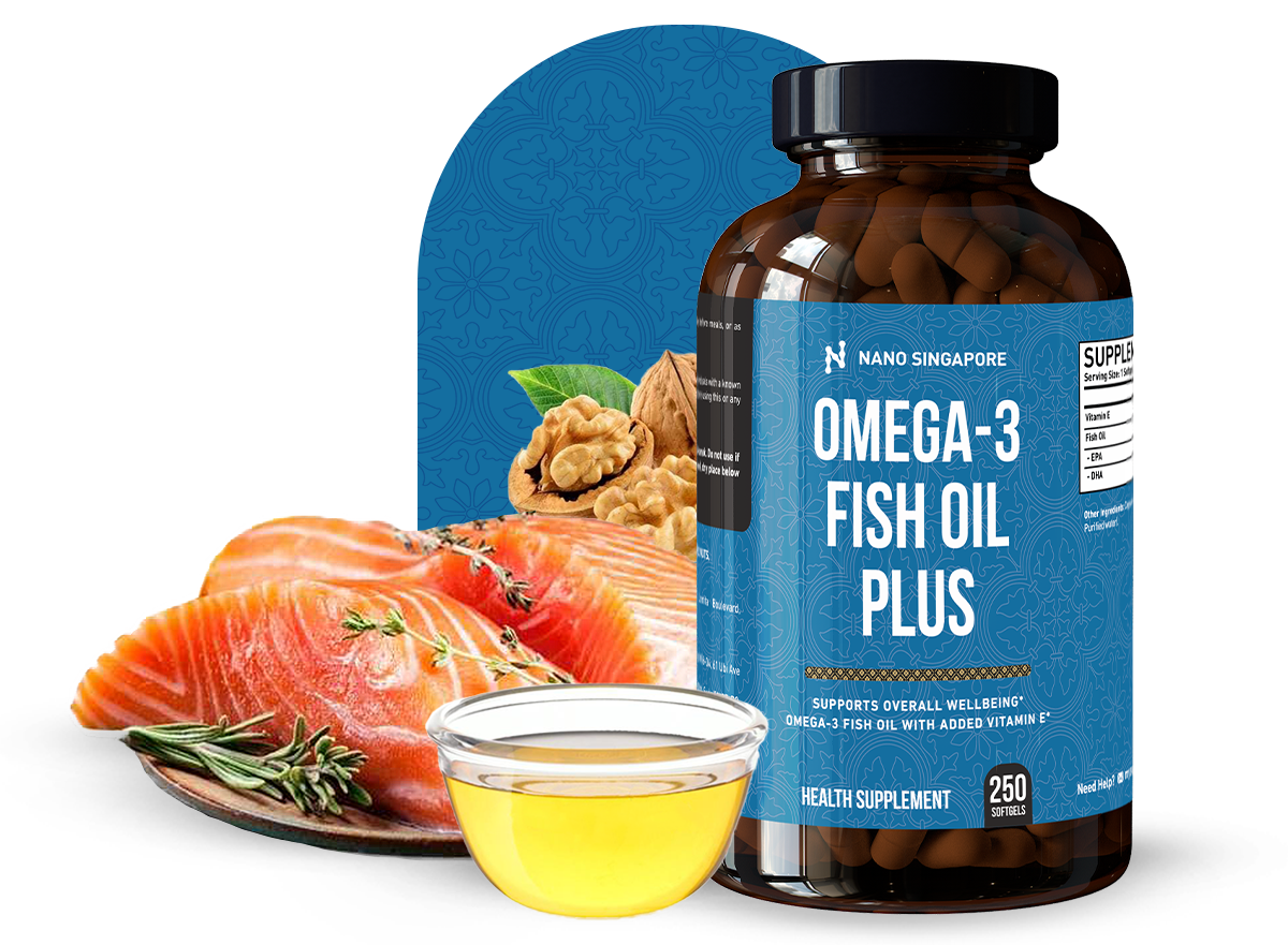 A bottle of the best fish oil supplements singapore surrounded by sources of Omega-3