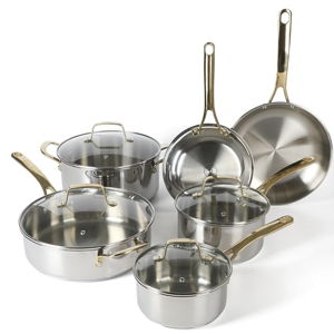 Martha Stewart Castelle 10 Piece Stainless Steel Induction Safe Pots and Pans Non-Toxic Kitchen Cookware Set - Gold Handles