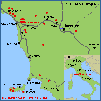 Map of the main rock climbing areas in Tuscany